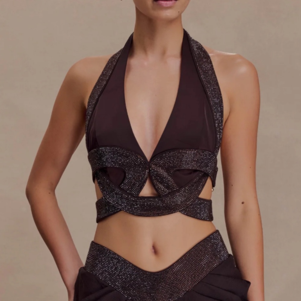 MESHKI - Siren Satin And Diamante Halter Top + skirt - Dark Chocolate